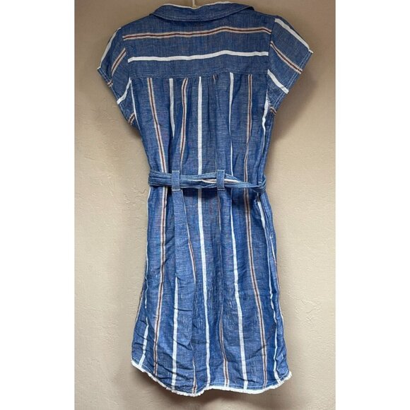 Pilcro by Anthropologie V-Neck Striped Belted Shift Dress Short Sleeve Sz 2 Blue - Picture 2 of 10